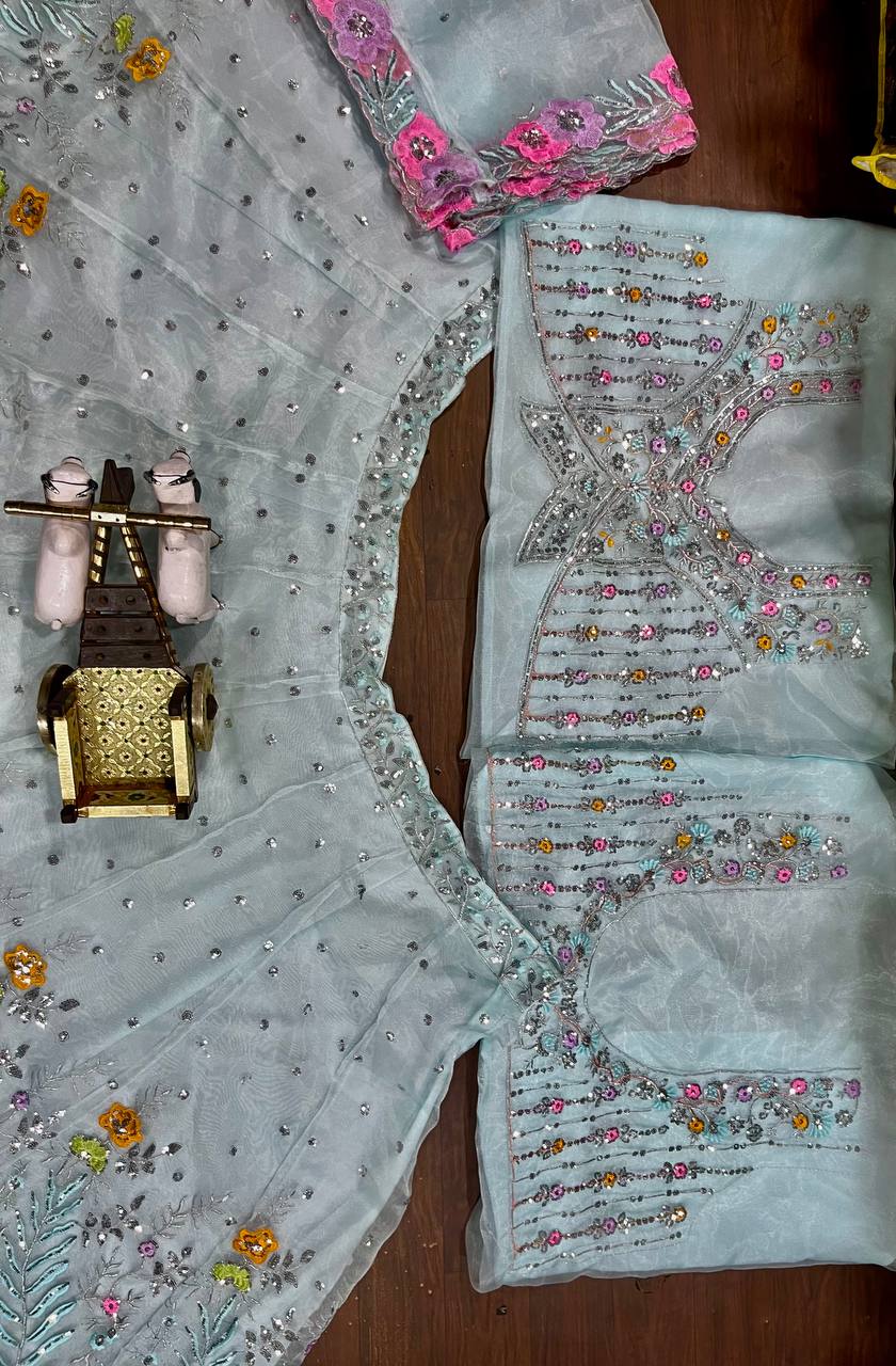 Sky Color Floral Work Organza Silk Lehenga Choli
