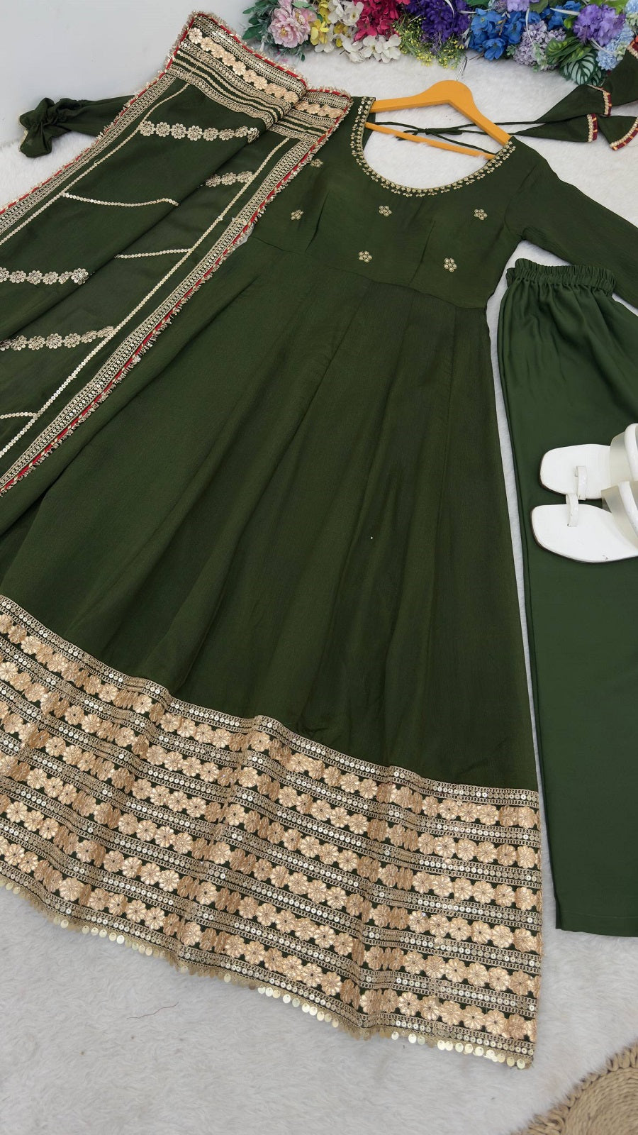 Women Readymade Anarkali Suit Set with Pant & Fancy Border Dupatta Set