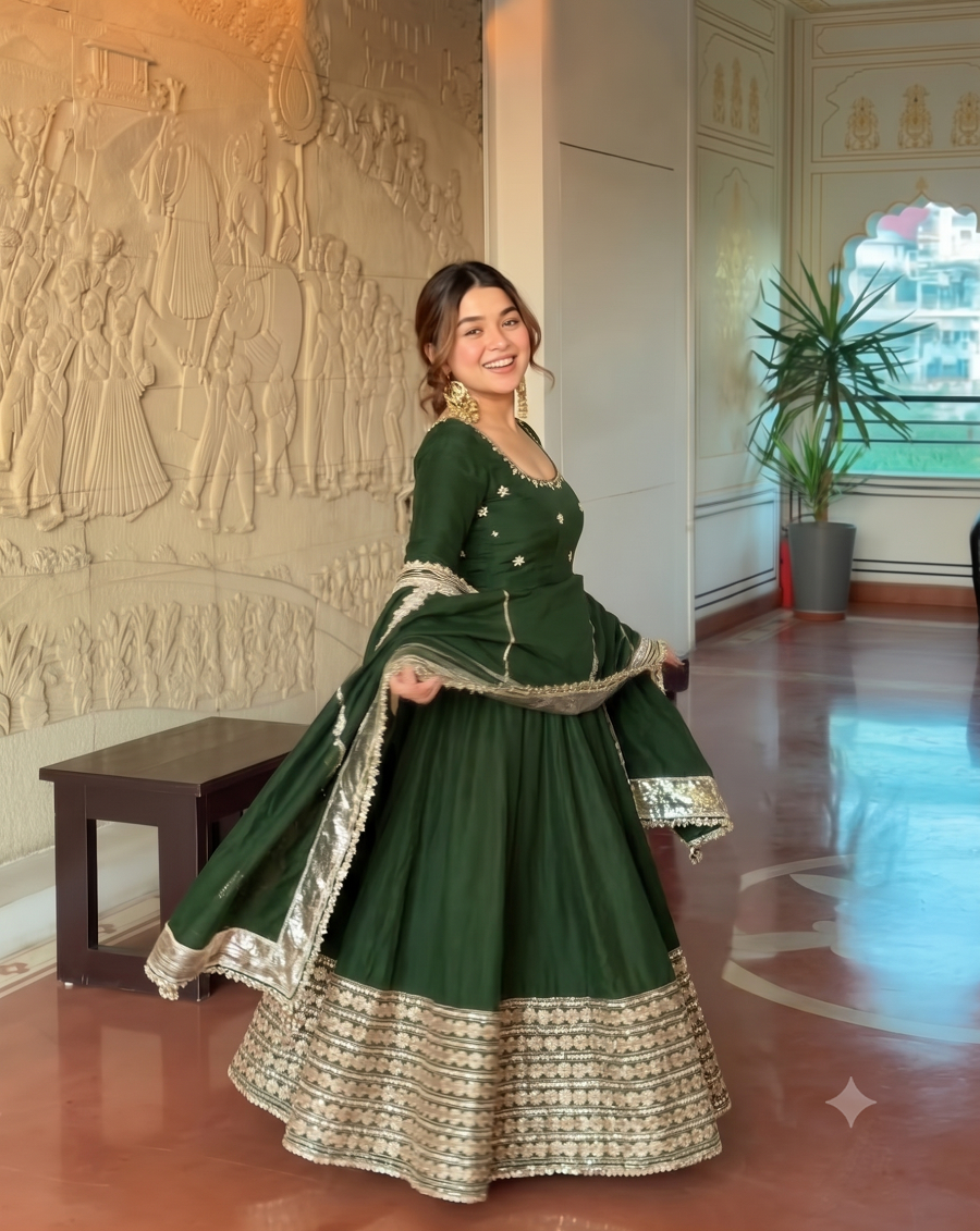Women Readymade Anarkali Suit Set with Pant & Fancy Border Dupatta Set