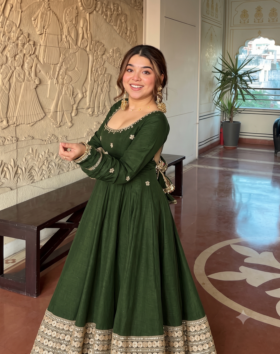 Women Readymade Anarkali Suit Set with Pant & Fancy Border Dupatta Set