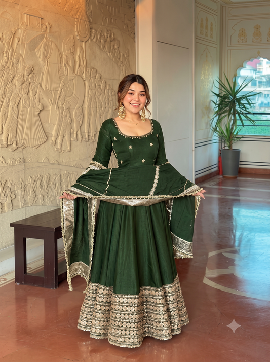 Women Readymade Anarkali Suit Set with Pant & Fancy Border Dupatta Set
