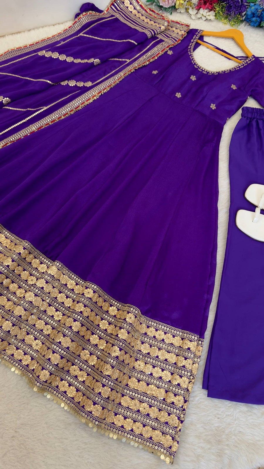 Women Readymade Anarkali Suit Set with Pant & Fancy Border Dupatta Set
