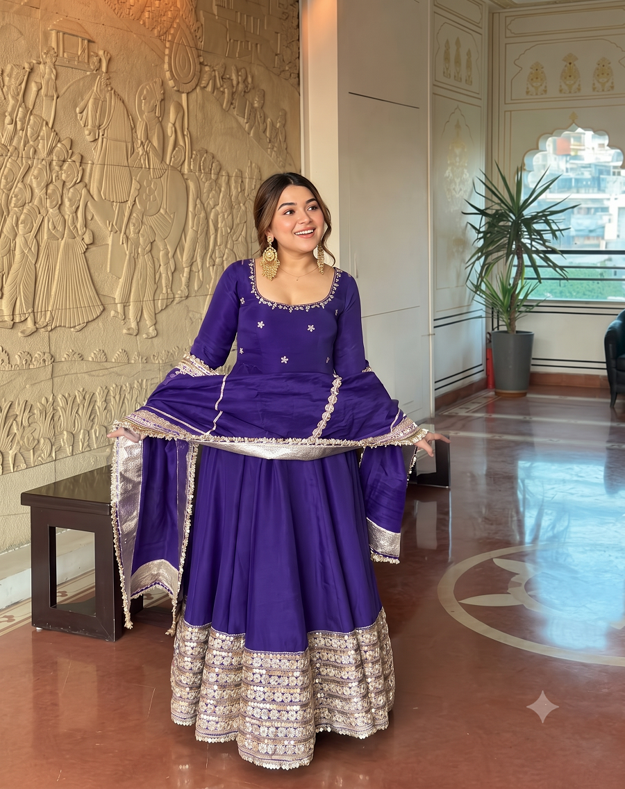Women Readymade Anarkali Suit Set with Pant & Fancy Border Dupatta Set