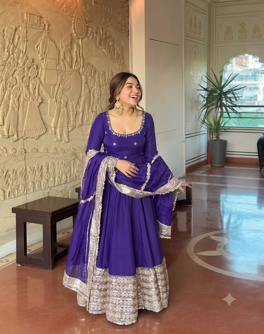 Women Readymade Anarkali Suit Set with Pant & Fancy Border Dupatta Set