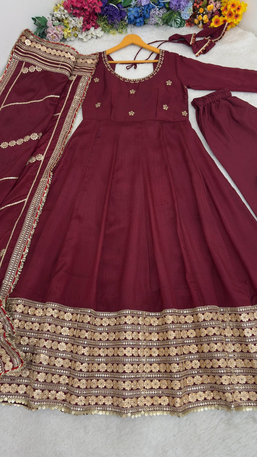 Women Readymade Anarkali Suit Set with Pant & Fancy Border Dupatta Set