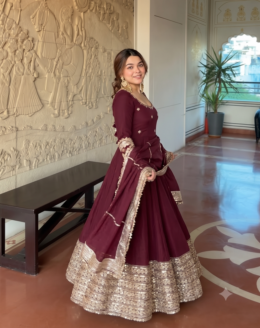 Women Readymade Anarkali Suit Set with Pant & Fancy Border Dupatta Set