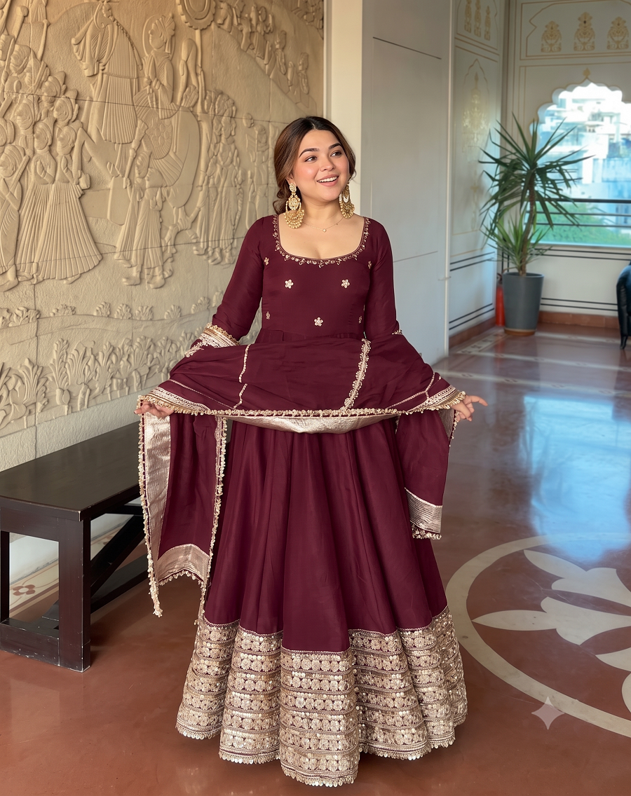 Women Readymade Anarkali Suit Set with Pant & Fancy Border Dupatta Set