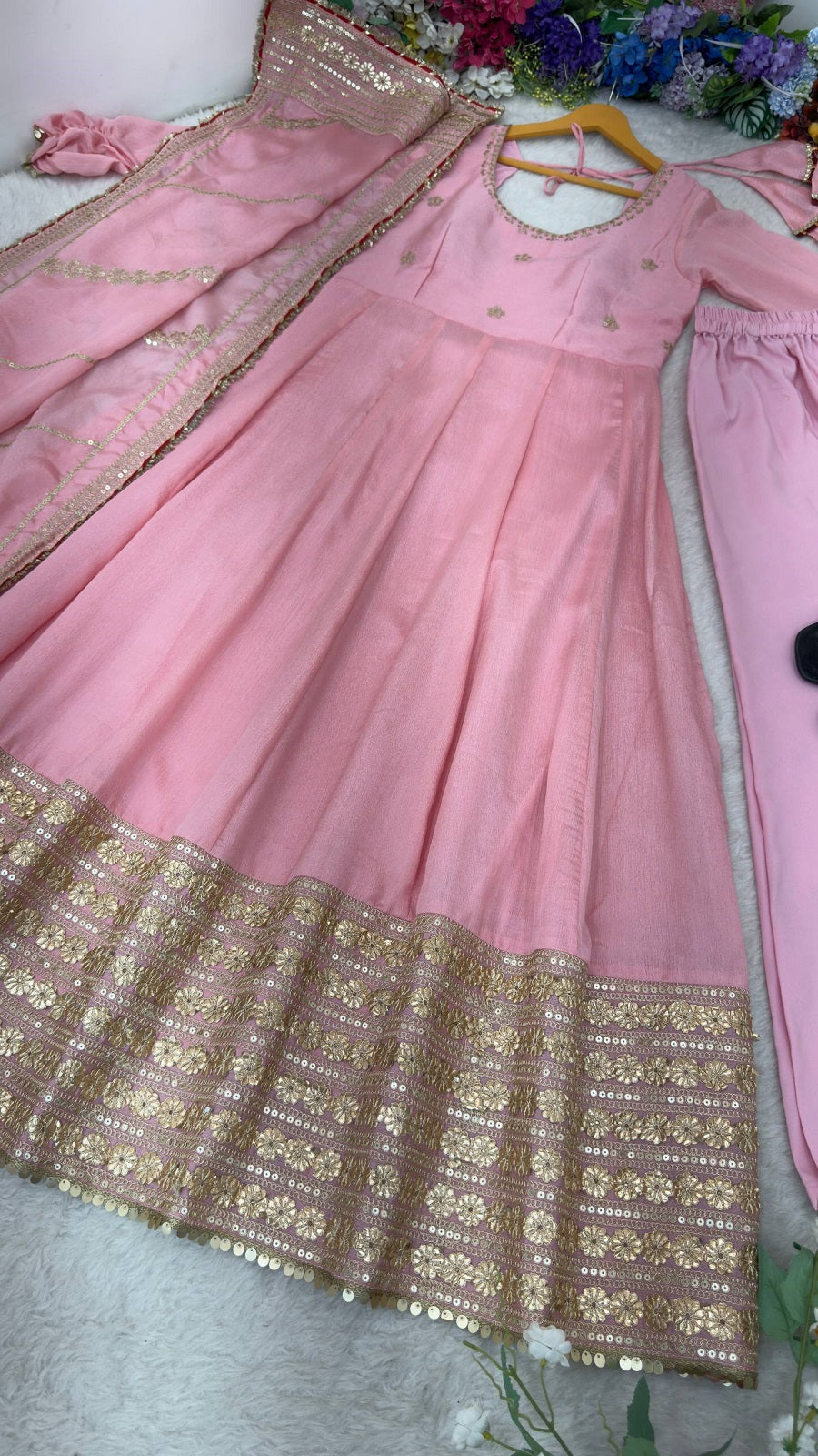 Women Readymade Anarkali Suit Set with Pant & Fancy Border Dupatta Set