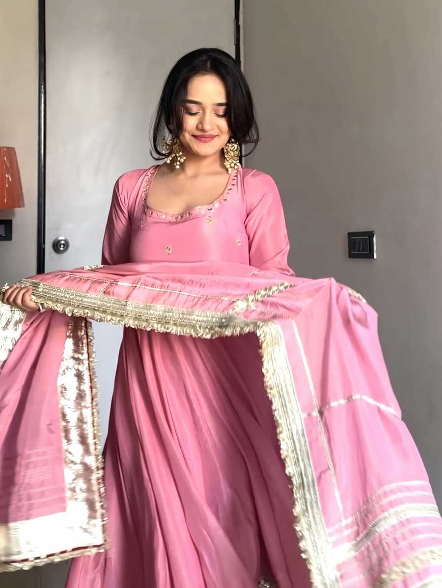 Women Readymade Anarkali Suit Set with Pant & Fancy Border Dupatta Set