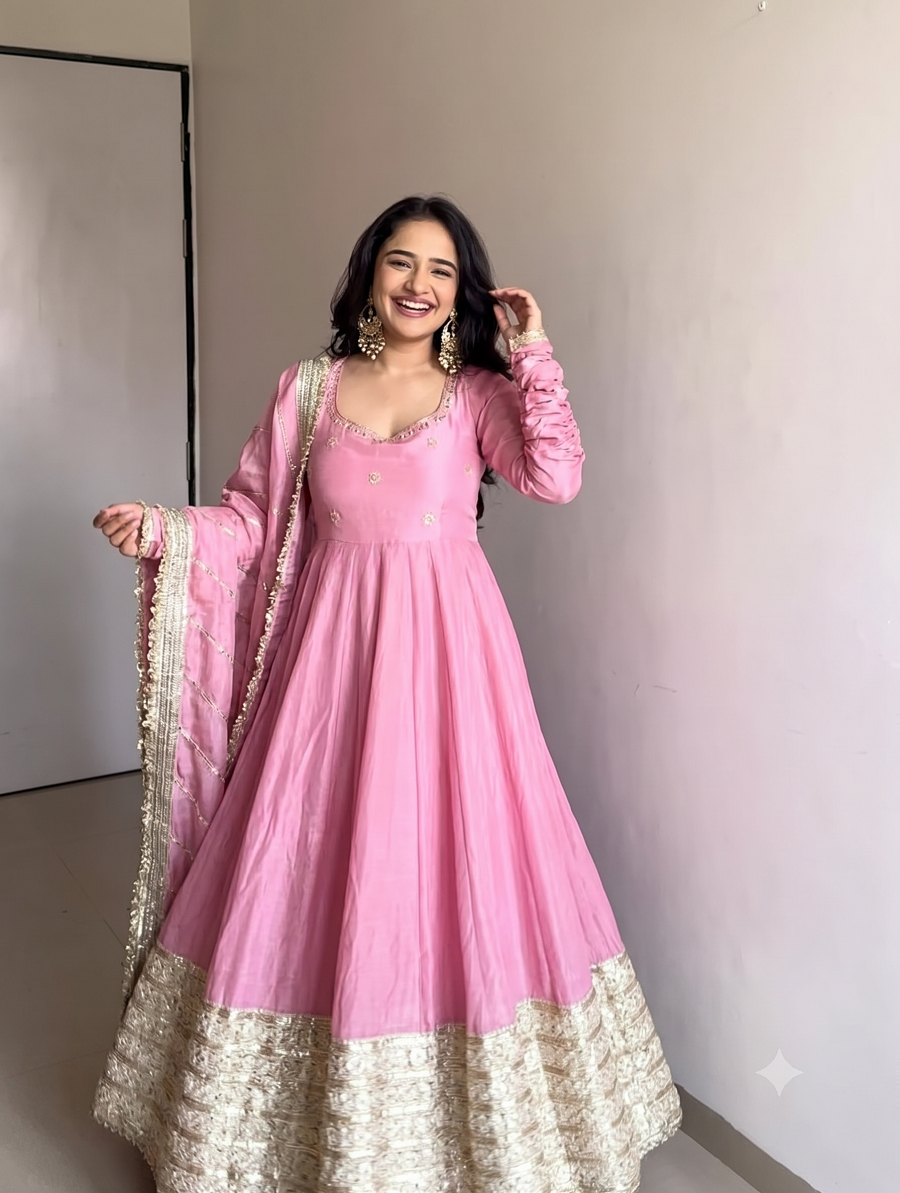 Women Readymade Anarkali Suit Set with Pant & Fancy Border Dupatta Set