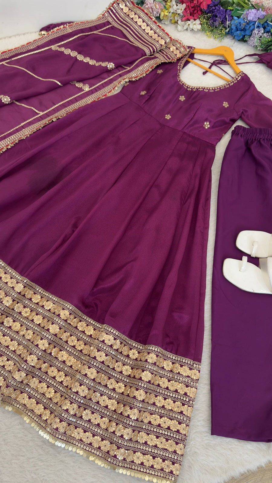 Women Readymade Anarkali Suit Set with Pant & Fancy Border Dupatta Set