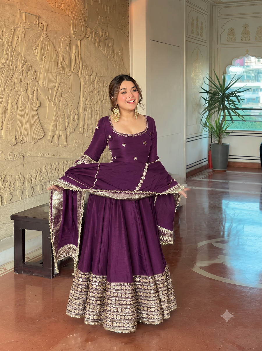 Women Readymade Anarkali Suit Set with Pant & Fancy Border Dupatta Set