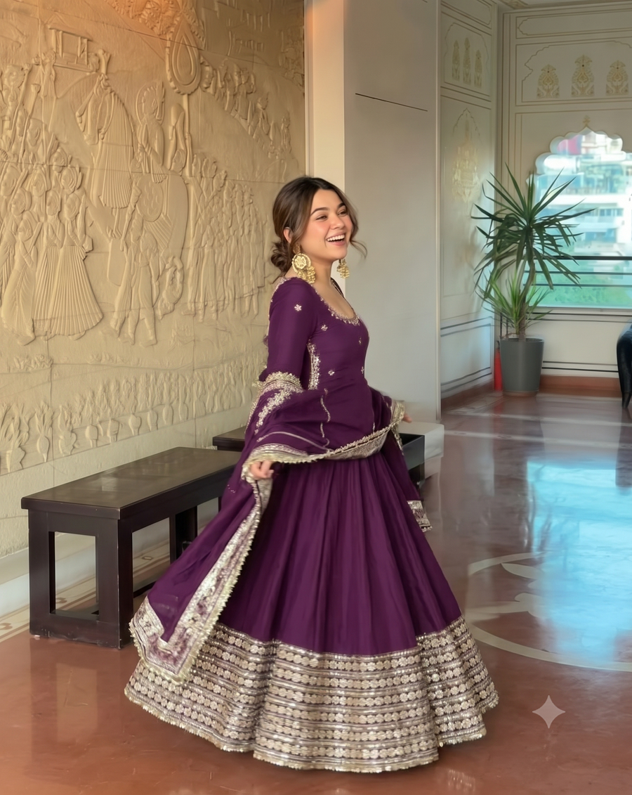 Women Readymade Anarkali Suit Set with Pant & Fancy Border Dupatta Set
