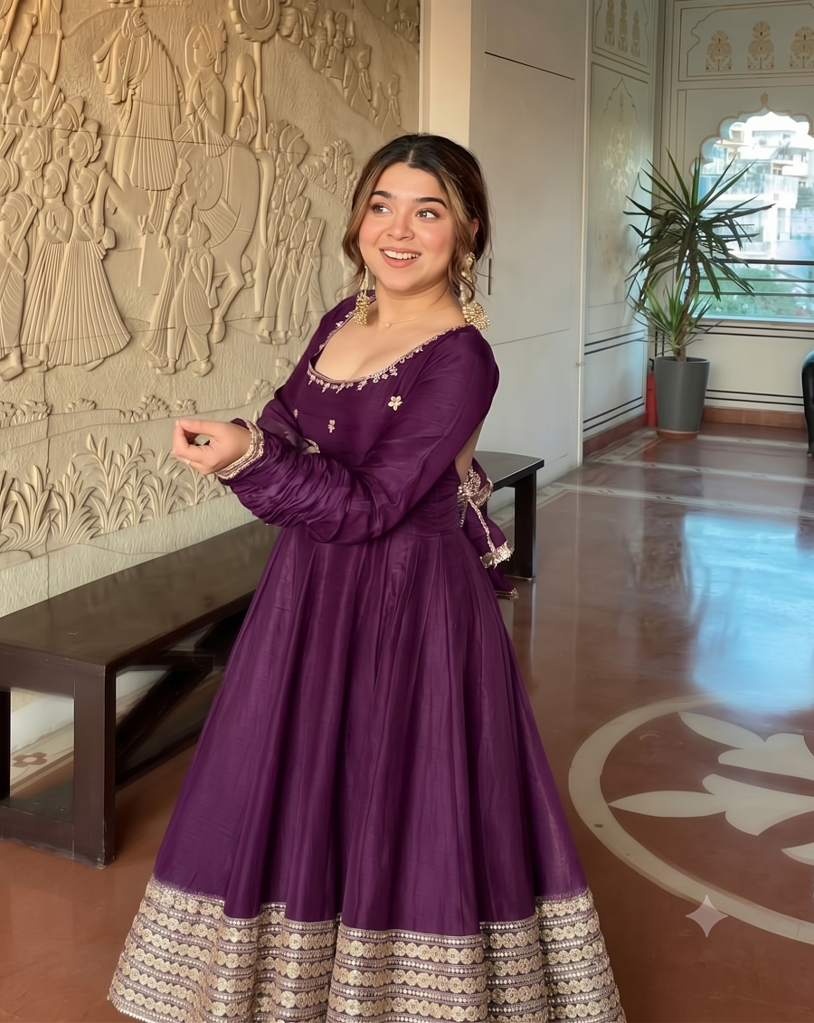 Women Readymade Anarkali Suit Set with Pant & Fancy Border Dupatta Set