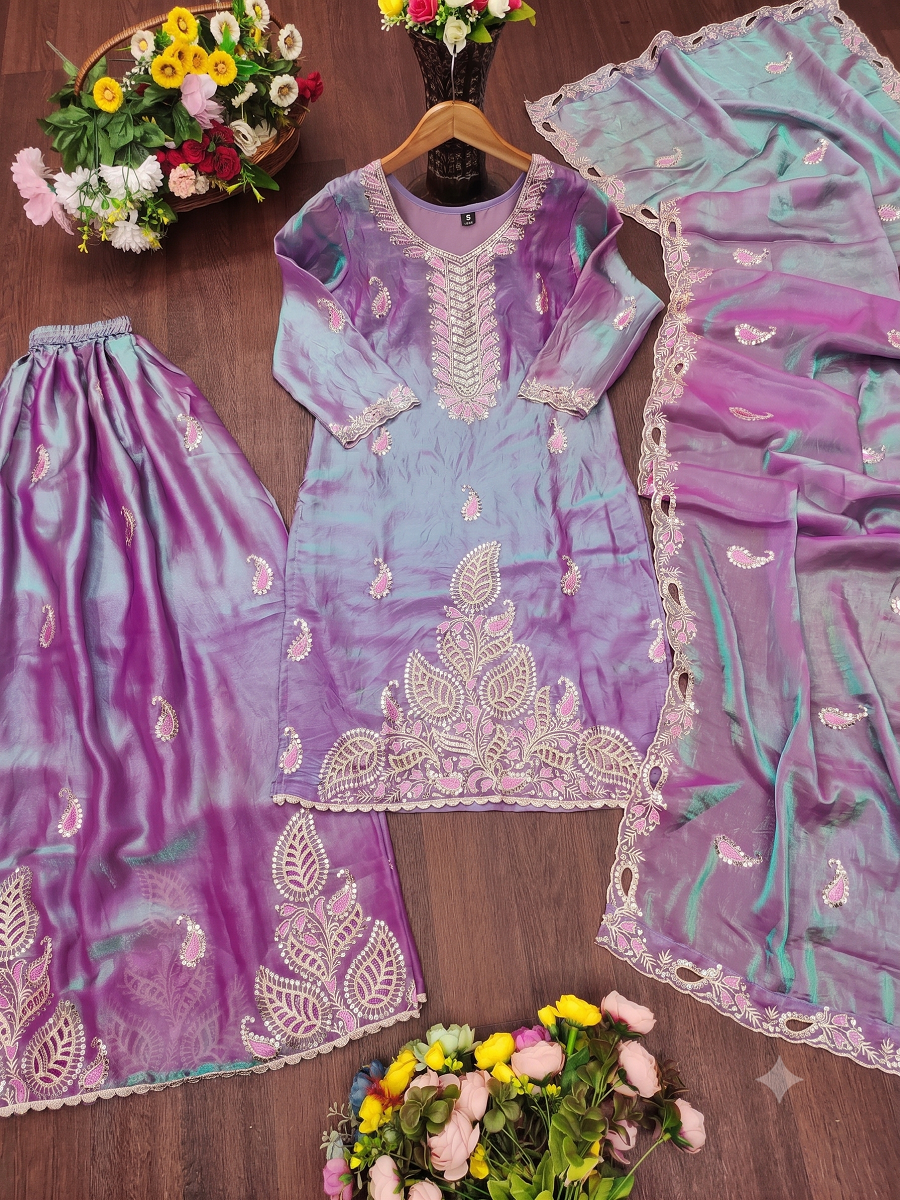 Women’s Lavender Dual-Tone Silk Embroidered Straight Kurti with Flared Skirt & Cut-Work Dupatta Set