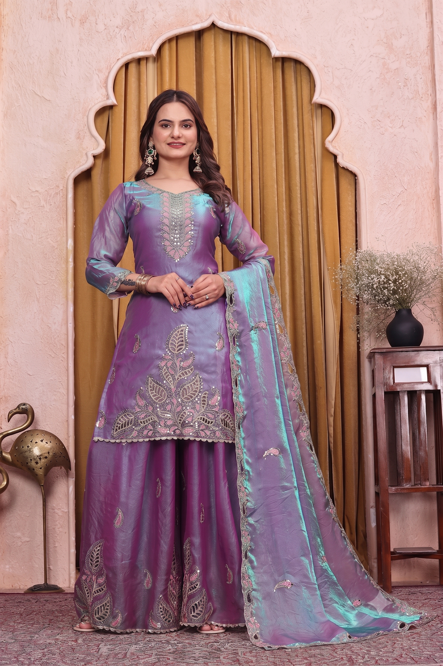 Women’s Lavender Dual-Tone Silk Embroidered Straight Kurti with Flared Skirt & Cut-Work Dupatta Set