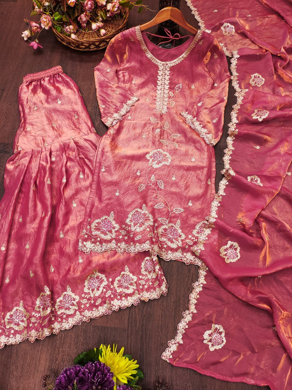 Designer Embroidered Kurta Sharara Set with Scalloped Dupatta