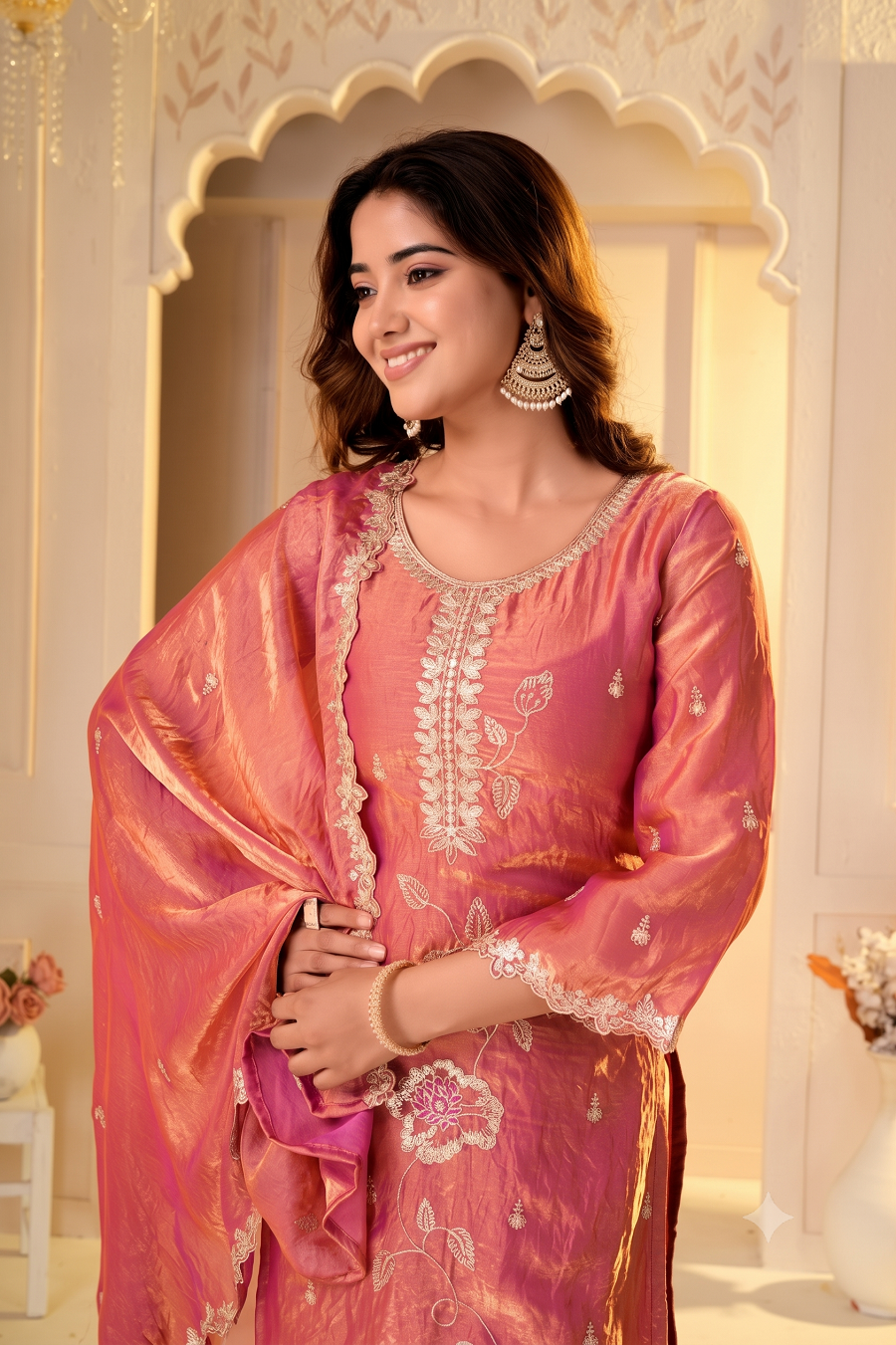 Designer Embroidered Kurta Sharara Set with Scalloped Dupatta