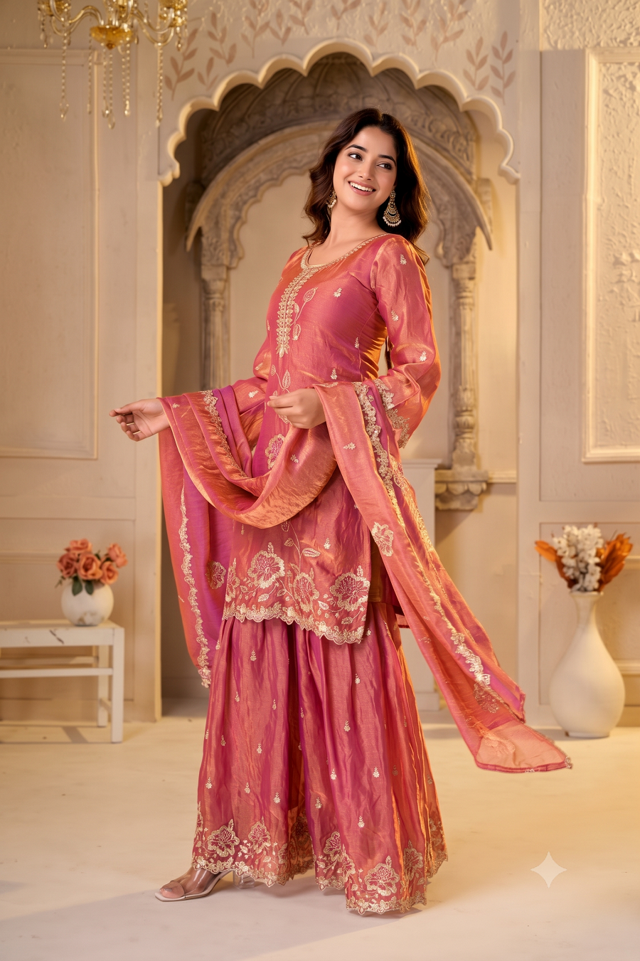 Designer Embroidered Kurta Sharara Set with Scalloped Dupatta