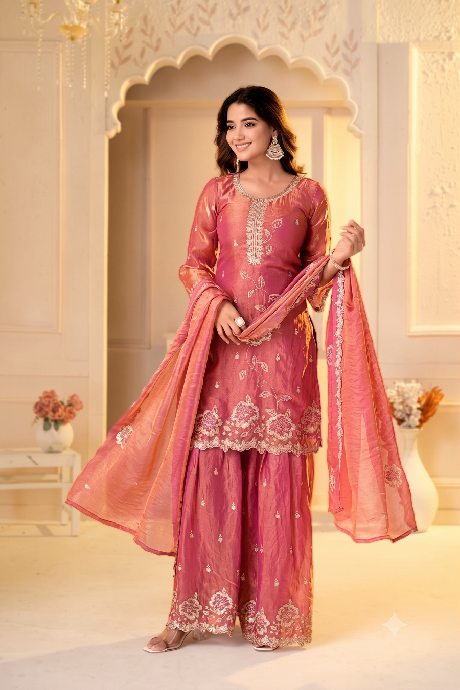 Designer Embroidered Kurta Sharara Set with Scalloped Dupatta