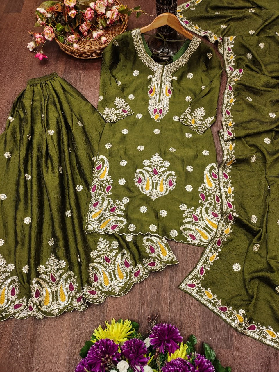 Paisley Embroidered Kurta Sharara Set with Cutwork Border