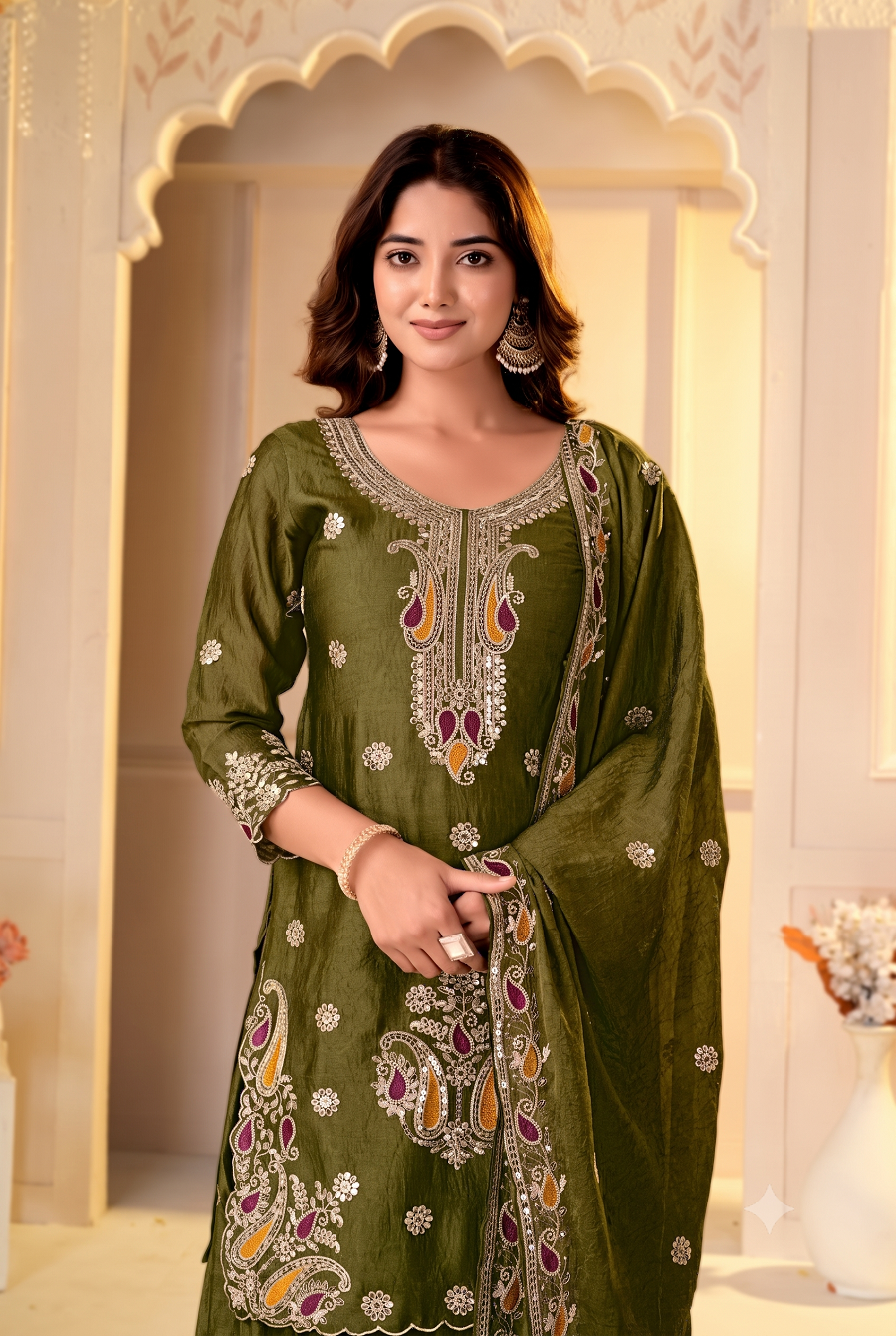 Paisley Embroidered Kurta Sharara Set with Cutwork Border