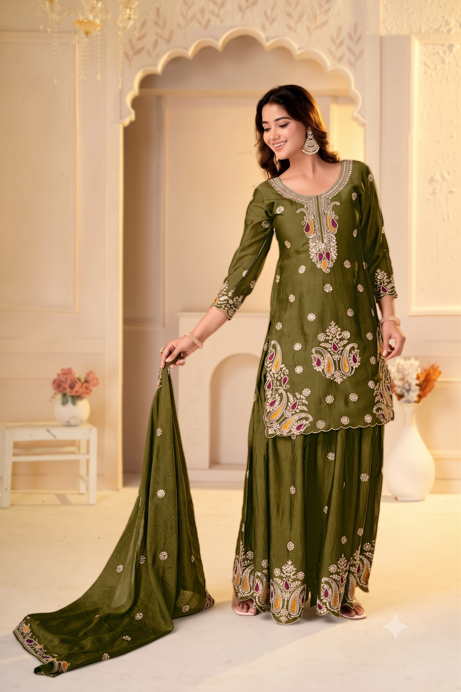 Paisley Embroidered Kurta Sharara Set with Cutwork Border