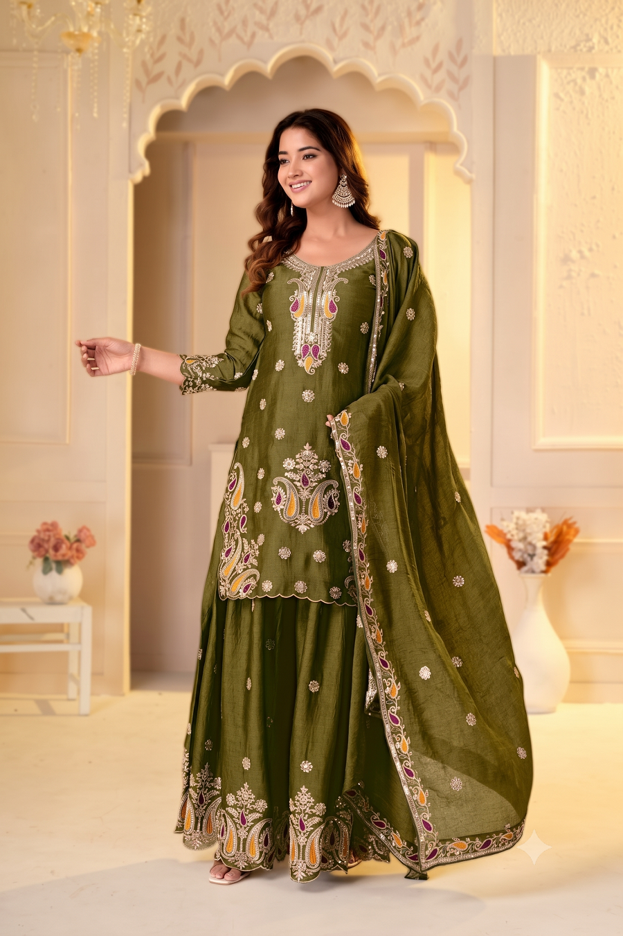 Paisley Embroidered Kurta Sharara Set with Cutwork Border