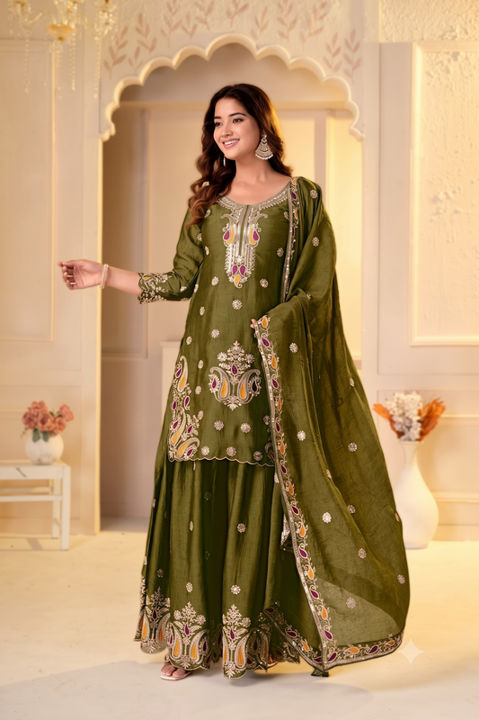 Paisley Embroidered Kurta Sharara Set with Cutwork Border