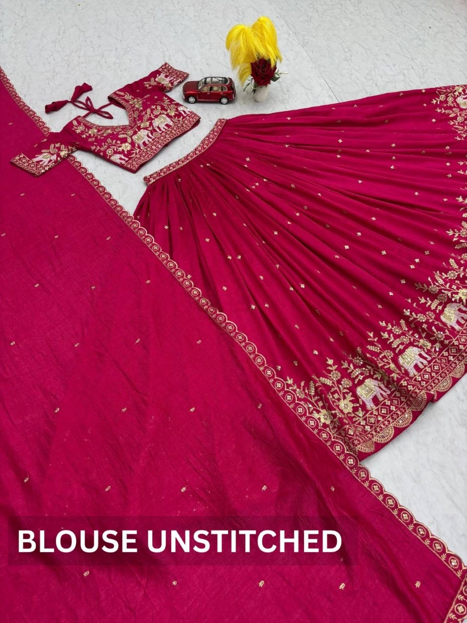 Traditional Elephant Motif Embroidered Lehenga Choli Set with Cutwork Dupatta
