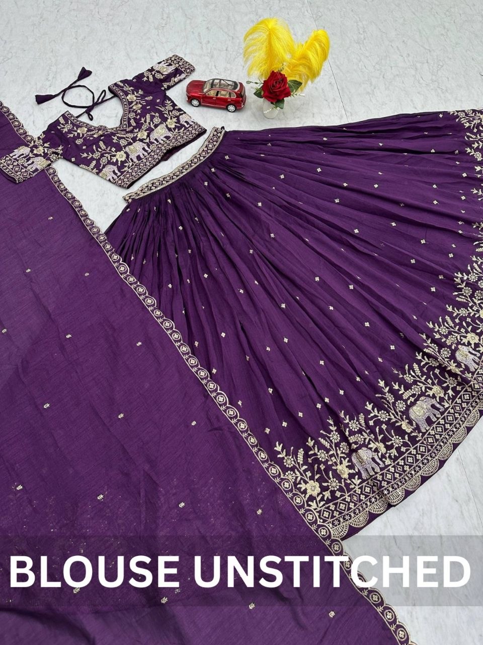 Traditional Elephant Motif Embroidered Lehenga Choli Set with Cutwork Dupatta