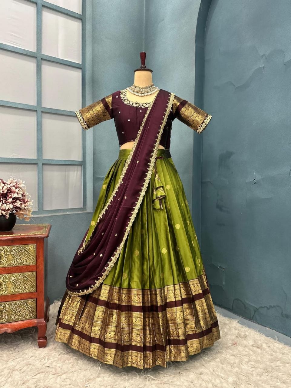 Traditional Kanjivaram Silk Half Saree Lehenga Choli Set with Rich Zari Border & Embroidered Blouse with Dupatta