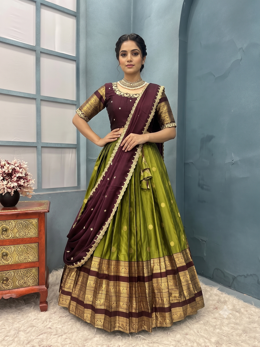 Traditional Kanjivaram Silk Half Saree Lehenga Choli Set with Rich Zari Border & Embroidered Blouse with Dupatta