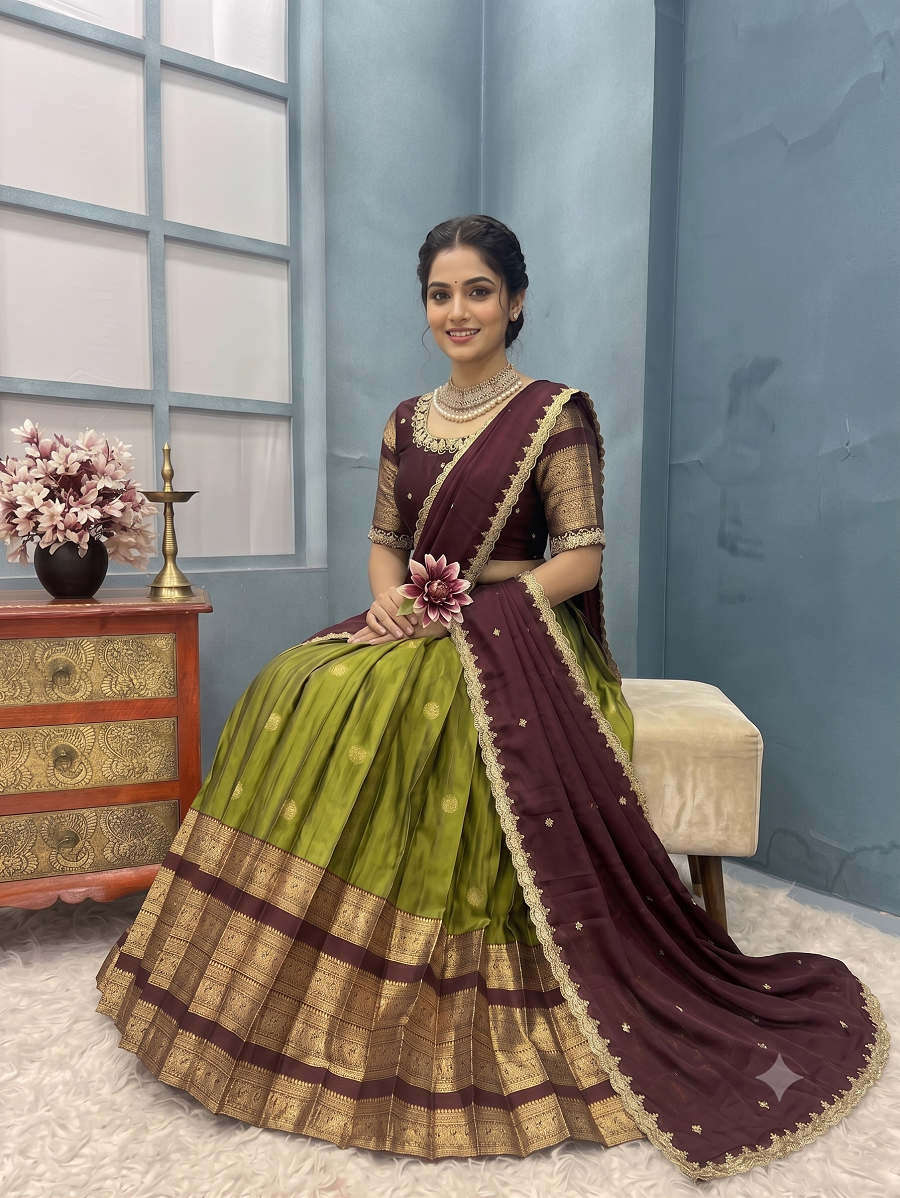 Traditional Kanjivaram Silk Half Saree Lehenga Choli Set with Rich Zari Border & Embroidered Blouse with Dupatta