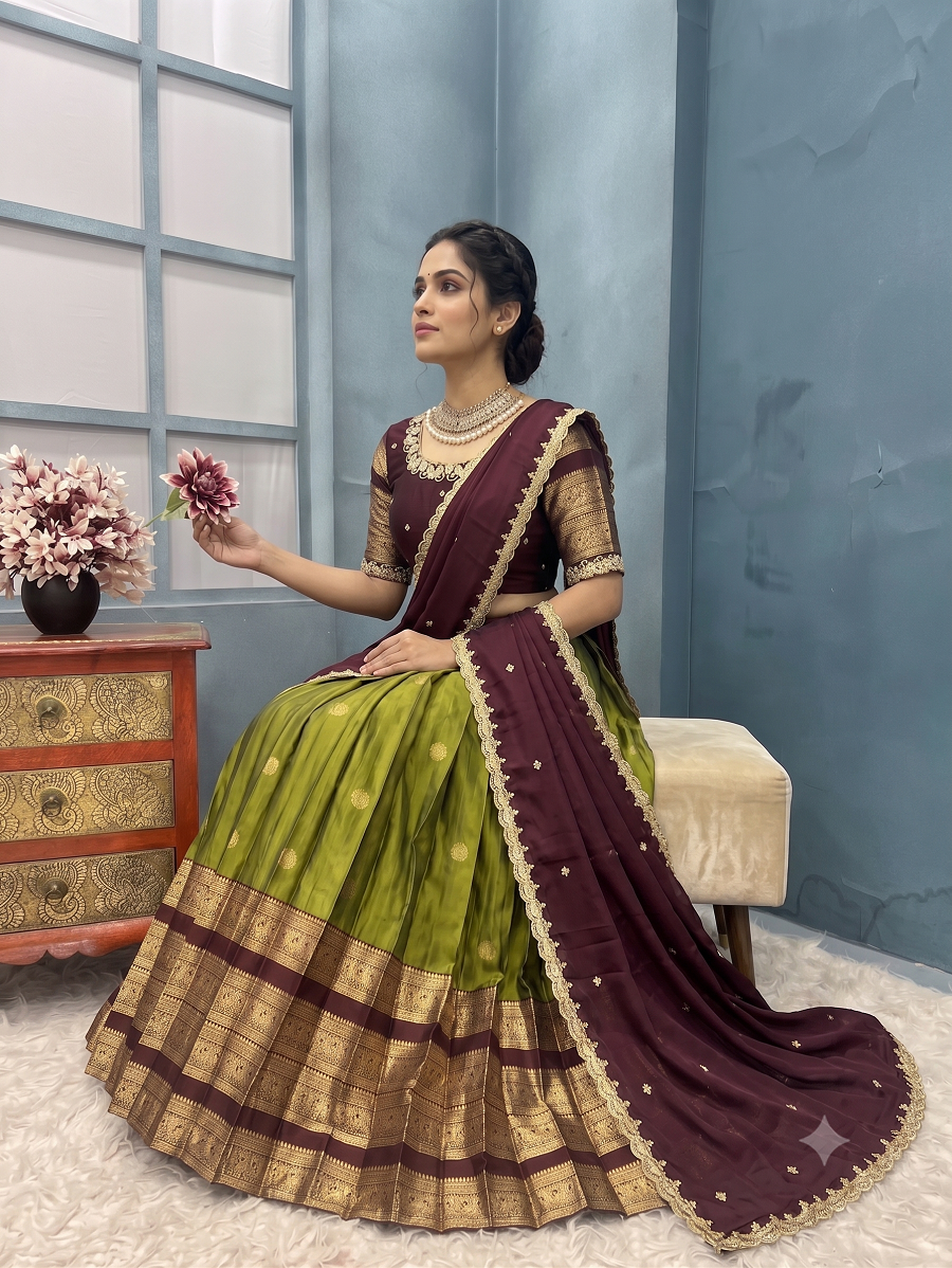 Traditional Kanjivaram Silk Half Saree Lehenga Choli Set with Rich Zari Border & Embroidered Blouse with Dupatta