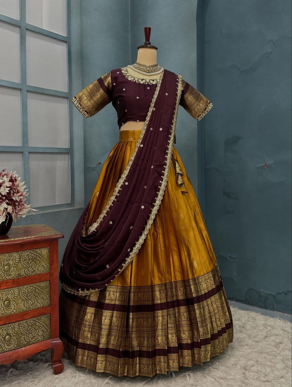 Traditional Kanjivaram Silk Half Saree Lehenga Choli Set with Rich Zari Border & Embroidered Blouse with Dupatta