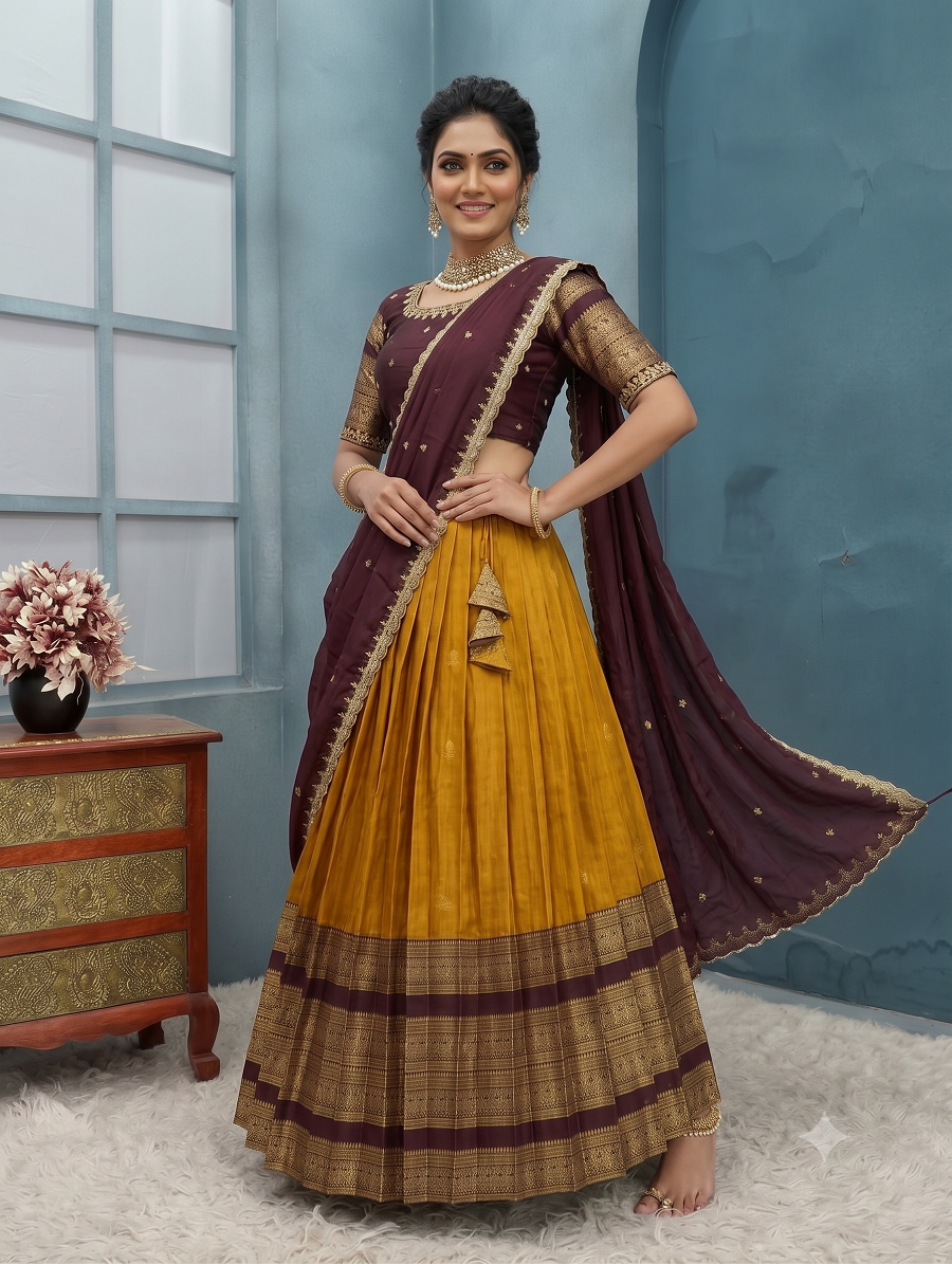 Traditional Kanjivaram Silk Half Saree Lehenga Choli Set with Rich Zari Border & Embroidered Blouse with Dupatta
