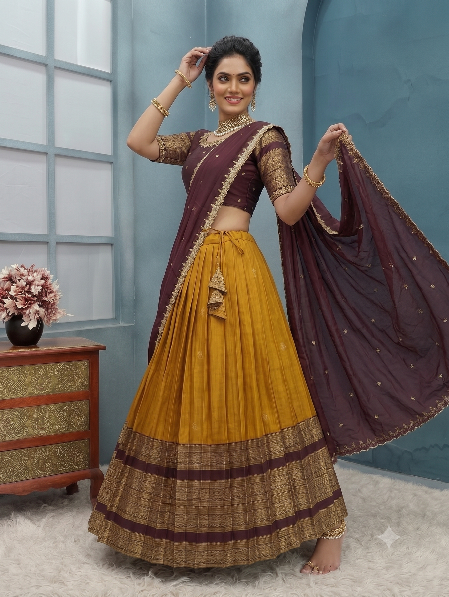 Traditional Kanjivaram Silk Half Saree Lehenga Choli Set with Rich Zari Border & Embroidered Blouse with Dupatta