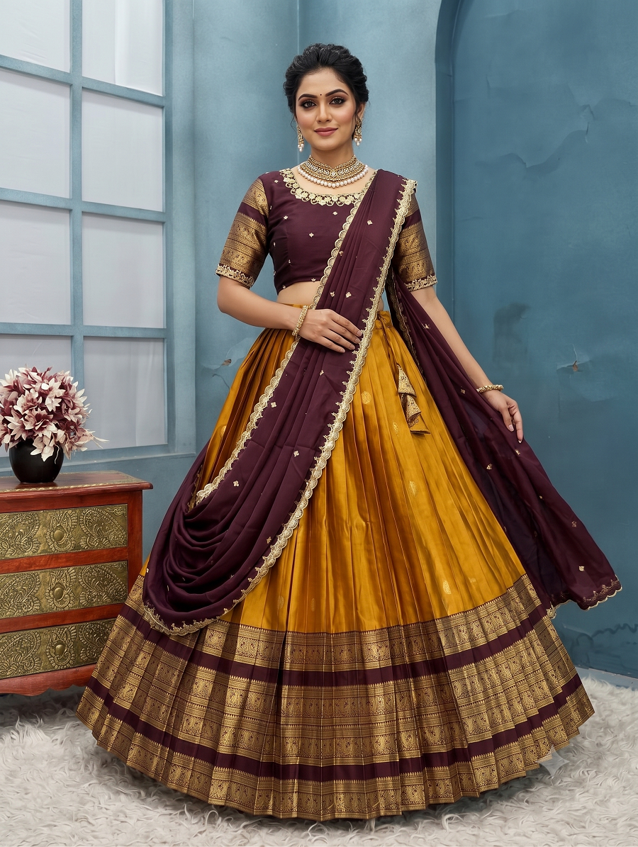 Traditional Kanjivaram Silk Half Saree Lehenga Choli Set with Rich Zari Border & Embroidered Blouse with Dupatta