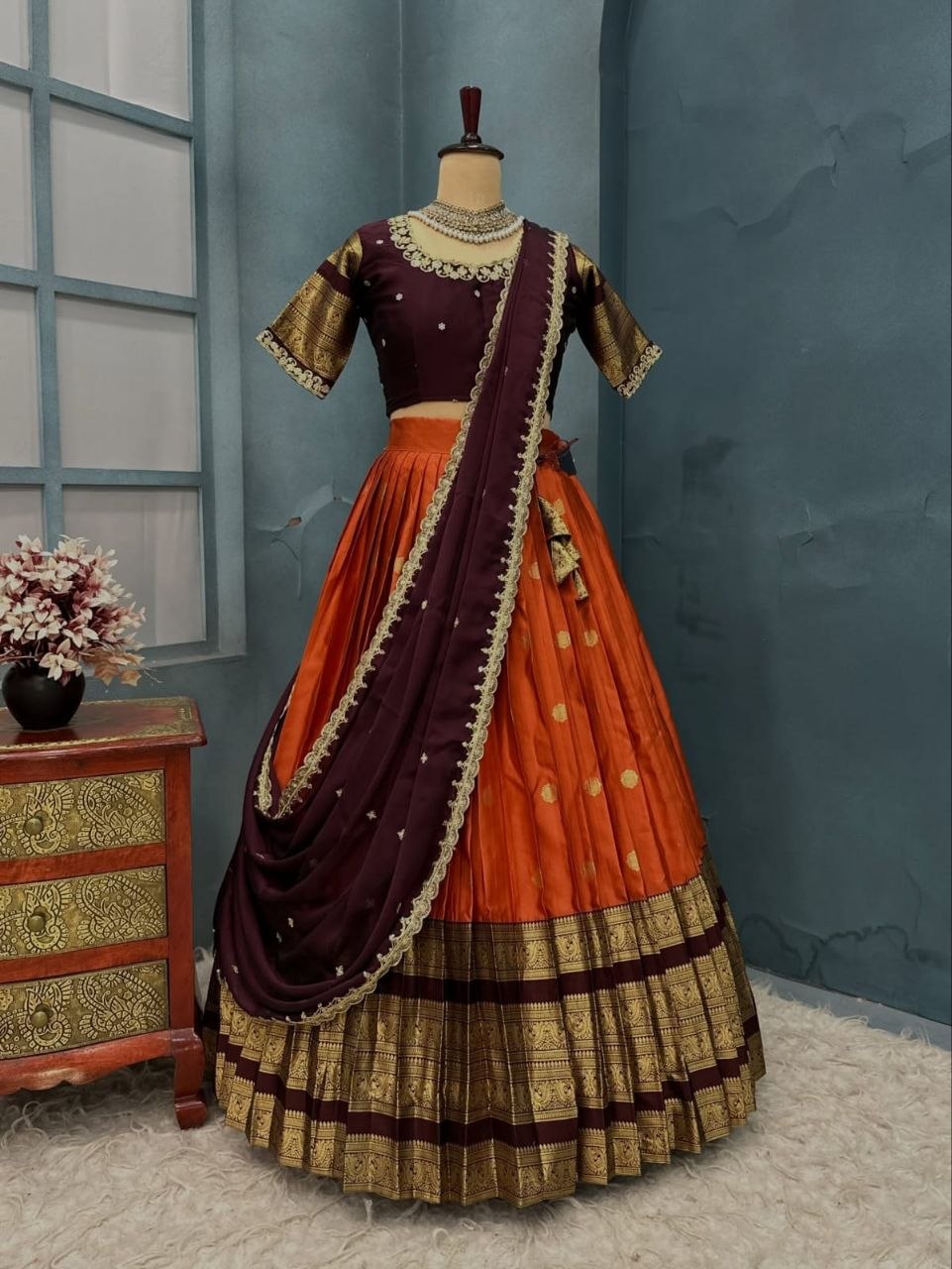 Traditional Kanjivaram Silk Half Saree Lehenga Choli Set with Rich Zari Border & Embroidered Blouse with Dupatta