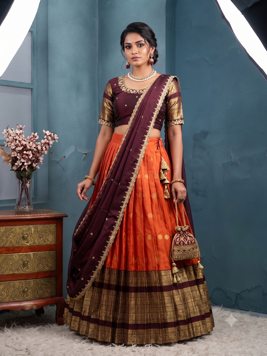 Traditional Kanjivaram Silk Half Saree Lehenga Choli Set with Rich Zari Border & Embroidered Blouse with Dupatta