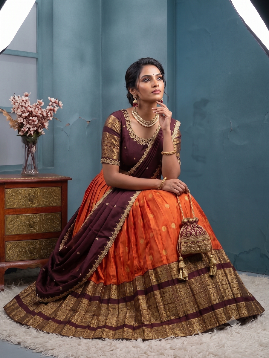 Traditional Kanjivaram Silk Half Saree Lehenga Choli Set with Rich Zari Border & Embroidered Blouse with Dupatta