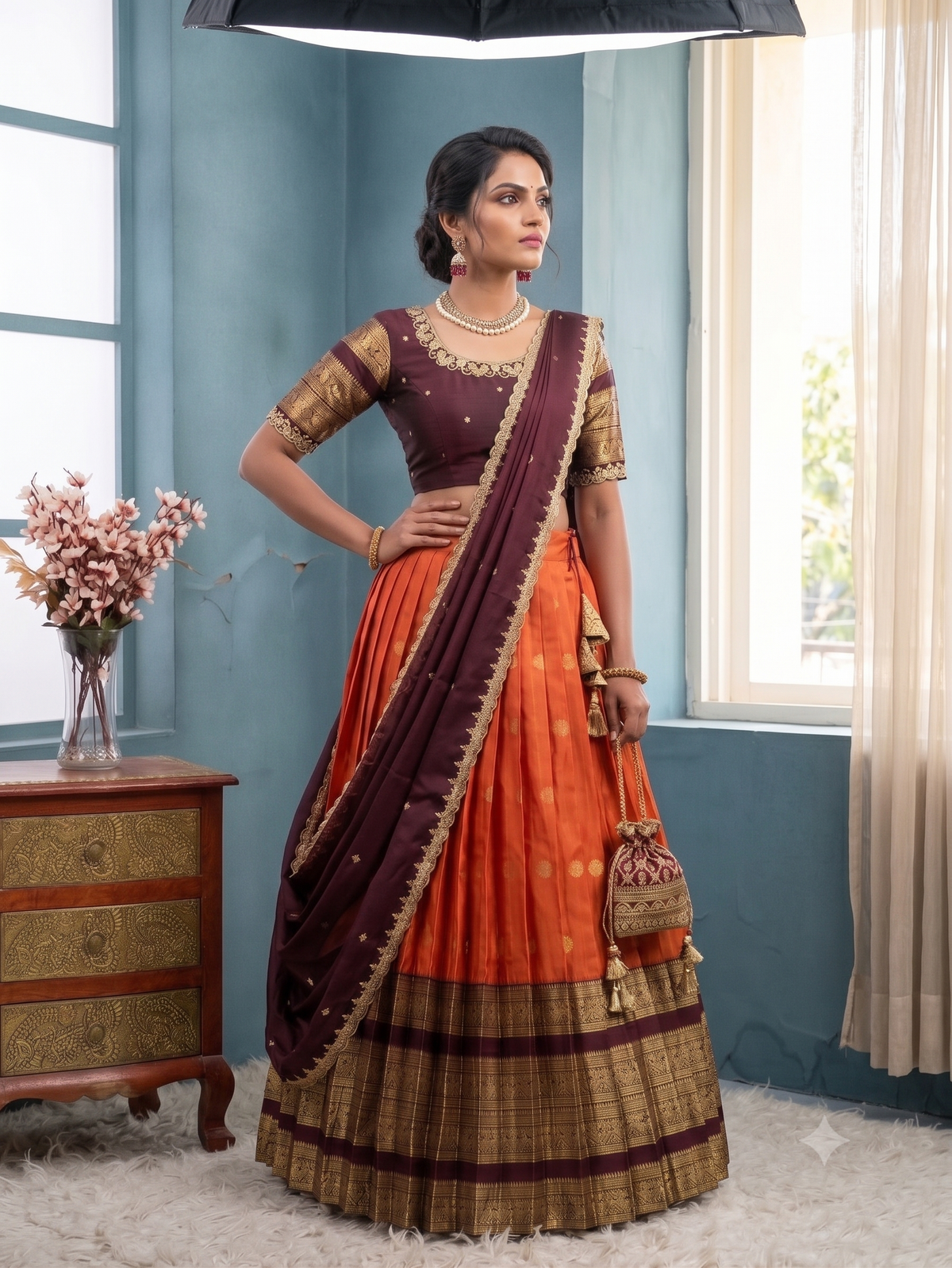 Traditional Kanjivaram Silk Half Saree Lehenga Choli Set with Rich Zari Border & Embroidered Blouse with Dupatta