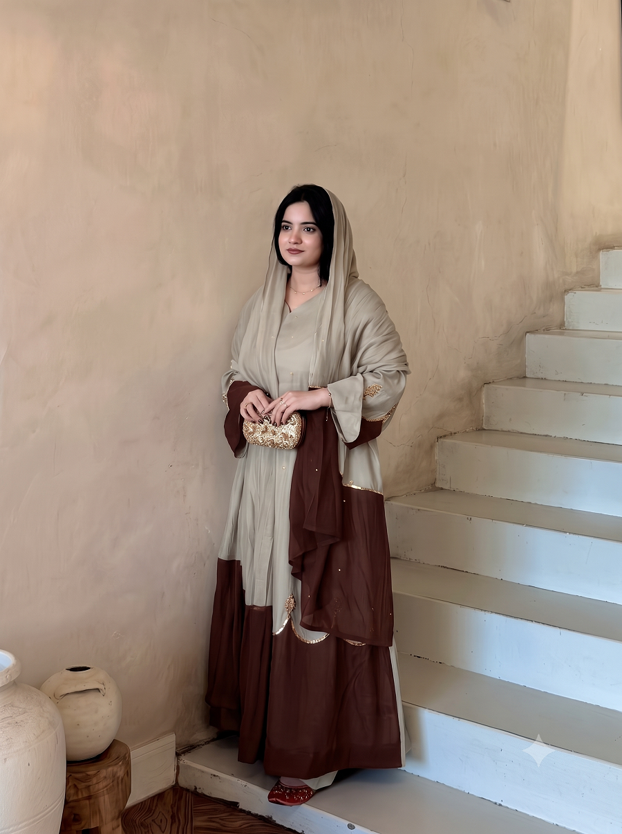 Women Designer Scalloped Kaftan Set with Mirror-Work & Bottoms