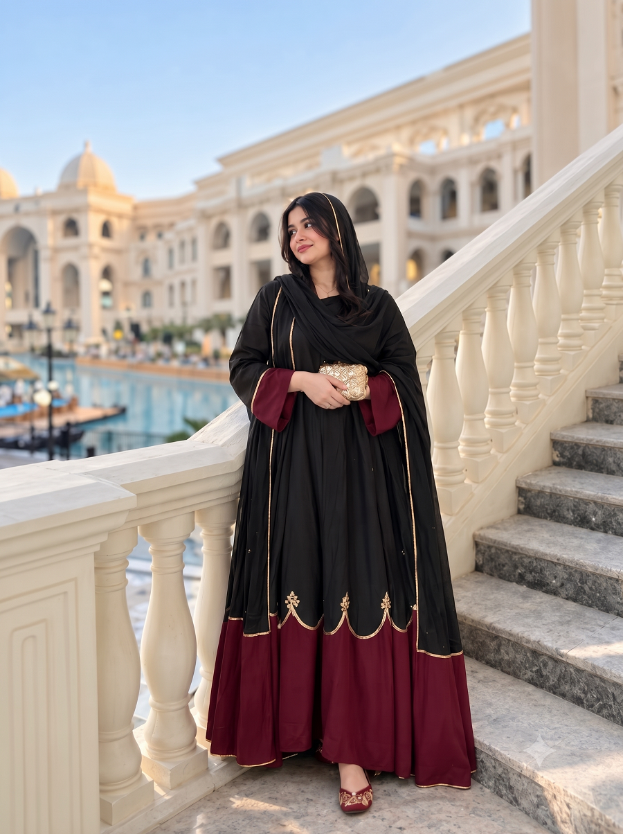 Women Designer Scalloped Kaftan Set with Mirror-Work & Bottoms
