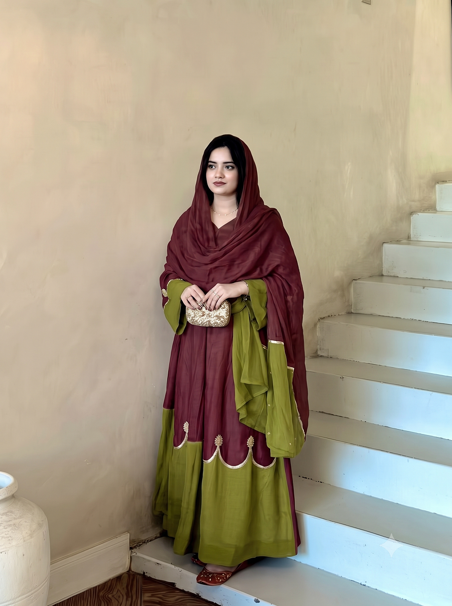 Women Designer Scalloped Kaftan Set with Mirror-Work & Bottoms