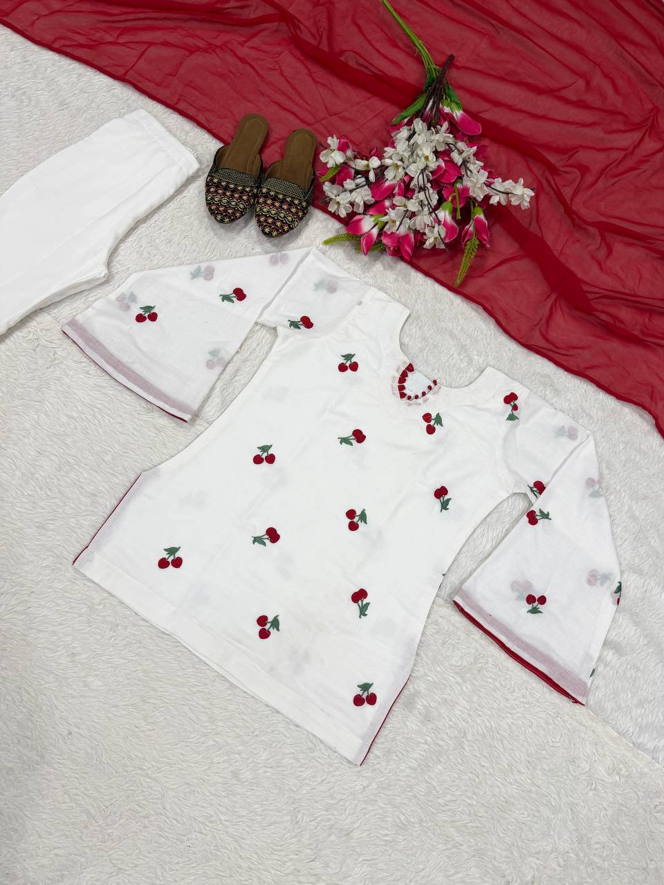 White Cherry Embroidered Kurti with Bell Sleeves, Straight Pants & Red Dupatta Set 3-Piece