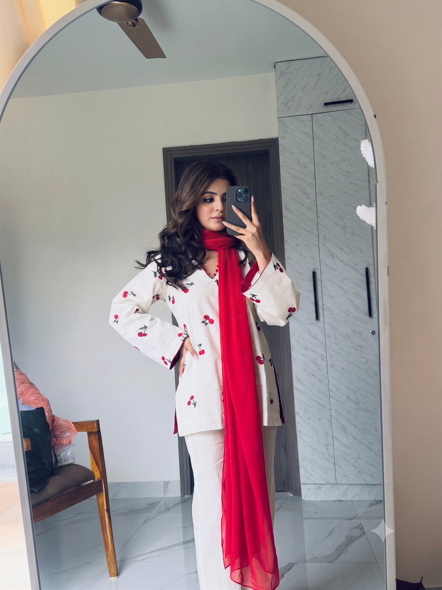 White Cherry Embroidered Kurti with Bell Sleeves, Straight Pants & Red Dupatta Set 3-Piece