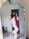 White Cherry Embroidered Kurti with Bell Sleeves, Straight Pants & Red Dupatta Set 3-Piece