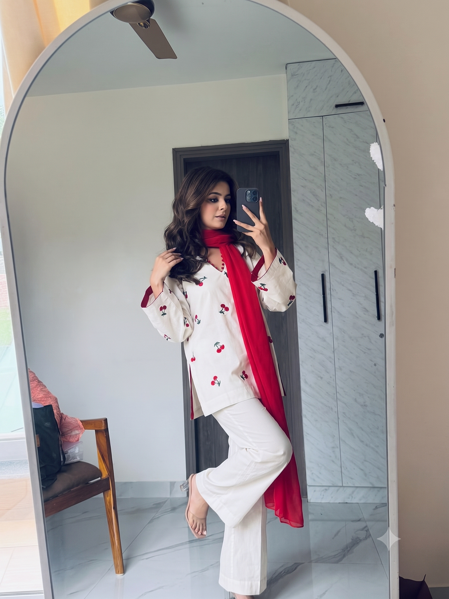White Cherry Embroidered Kurti with Bell Sleeves, Straight Pants & Red Dupatta Set 3-Piece